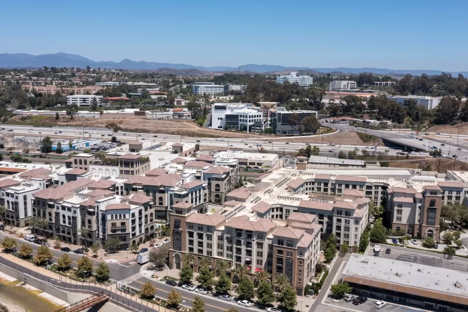 Apartment buildings surrounded by freeways in Laguna Niguel, California.